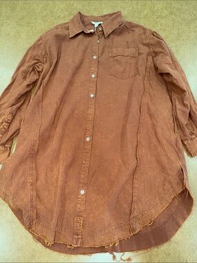 NWT • Blue Velvet • Washed Rust Brown Long Sleeve Button-Front Mini Shirt Dress